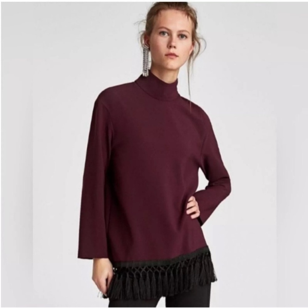 NWOT Zara Burgundy Mock Turtleneck Fringe Top